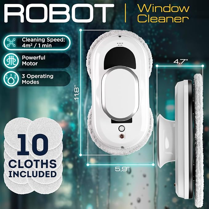 APQ Supply White Automatic Window Cleaner Robot W100, 11.8 x 5.9 x 4.7 Inch, 3 Cleaning Modes, 10 Cloth Pads, Window Glass Vacuum Cleaner, Quiet 72dB