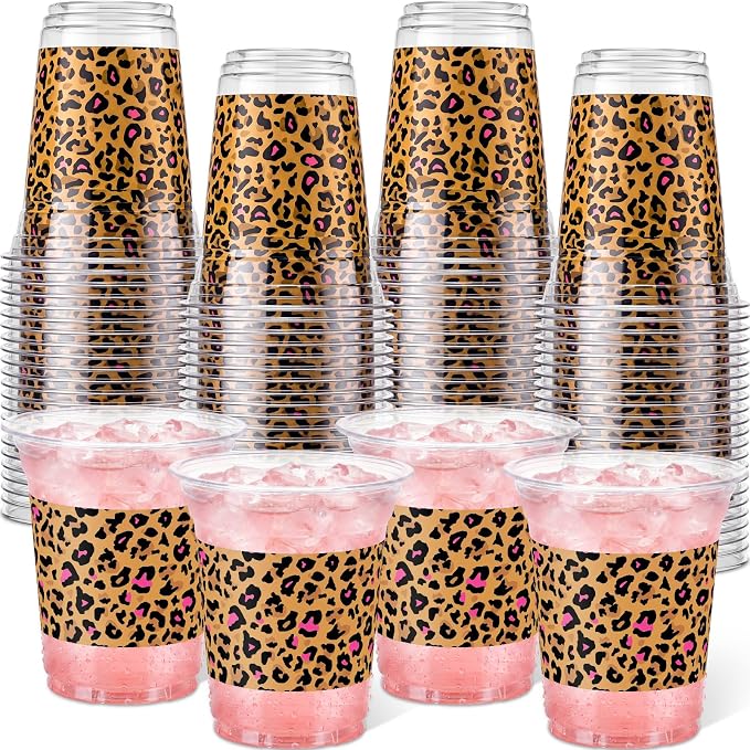 Qinyoung 50 Pcs Hot Pink Leopard Print Plastic Cups Cheetah Animal 12oz Disposable Cups Bulk Drinking Cup for Cold Drinks Baby Shower Wedding Birthday Animal Cheetah Print Party Supplies