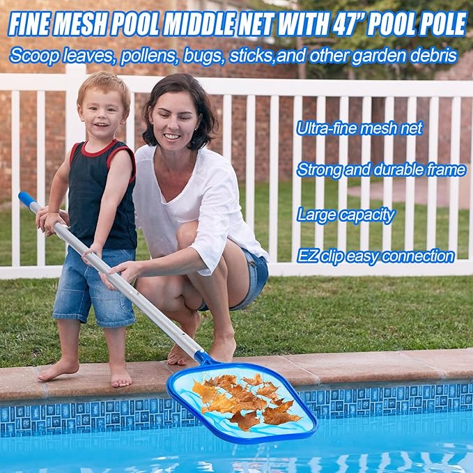 SiliFine 5 Pcs Swimming Pool Cleaning Kit 17.5'' Brush Head with 47'' Telescopic Aluminum Pole and Leaf Skimmer Net Vacuum Head Pumice Stone with Handle for Above Ground Pool Spa Hot Tub Maintenance