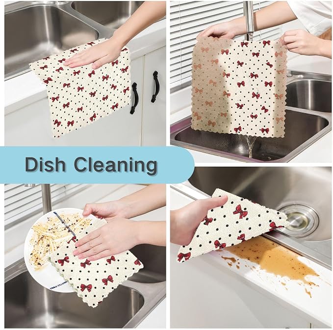 JIPONI 6 Pack Kitchen Dishcloth, Cute Bow Polka Dot Absorbent Kitchen Towels for Dishes, Fast Drying Microfiber Dish Rags, 11x11 inch