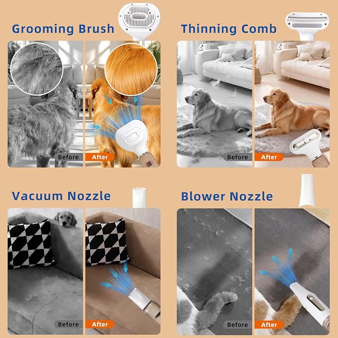 Vacuum Grooming Brush,4-In-1 Kit for Shedding,Deshedding Tool for Dog | Removes Loose Fur While Grooming,Keeps Your Home Cleaner,Helps Pets Stay Close to the Family,Portable Cordless Design