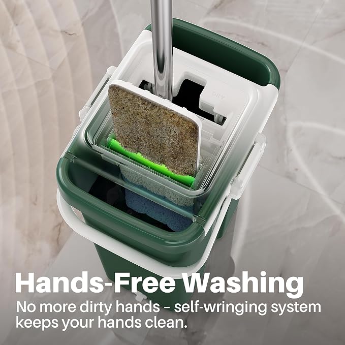 JOYMOOP Commercial Mop and Bucket Set, 17.7-inch Dust Mops for Floor Cleaning, Flat Mop Bucket with Wringer, Include 3 Reusable Microfiber Mop Pads - Forest Green