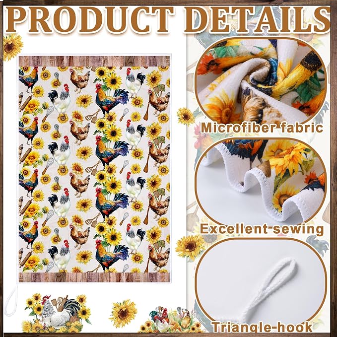 Bencailor 6 Pcs Farmhouse Kitchen Towels Chicken Rooster Kitchen Decor Farm Animal Hand Towels for Cooking Baking Housewarming Gift,15.75 x 23.62 inch(Multicolor,Sunflower Rooster)