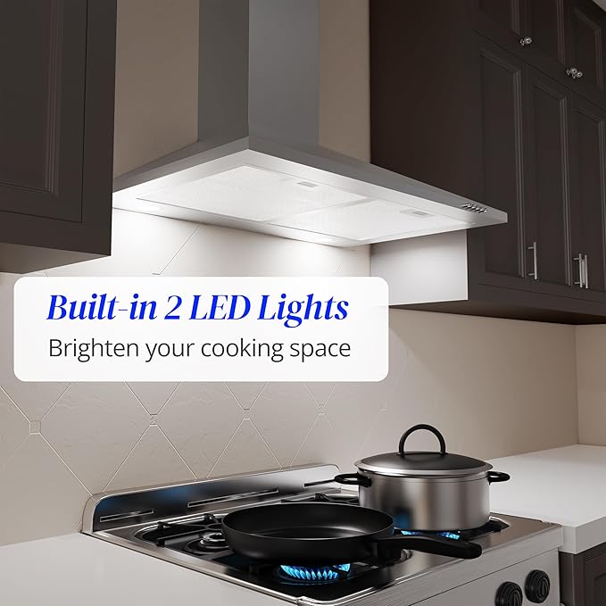 FIREGAS Range Hood 30 inch, Wall Mount Range Hood with LED Lights, 3-Speed Exhaust Fan, Ducted/Ductless Convertible, Aluminum Mesh Filters, Button Controls, Stainless Steel Kitchen Vent Hood
