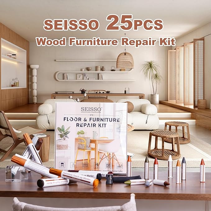 SEISSO Wood Furniture Repair Kit, New Improved 10 Colors Touch Up Markers and Crayons with Polish Wax, Covering Damaged Wooden Surfaces and Floors, Scratches, Stains, Cracks and Dents(25 PCs)