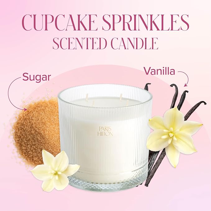 Paris Hilton Cupcake Sprinkles Scented Candle, Clear Ribbed Glass Vessel with Faceted Diamond Detail, Premium Plant Wax Blend, 4-Wicks, 40-Ounce