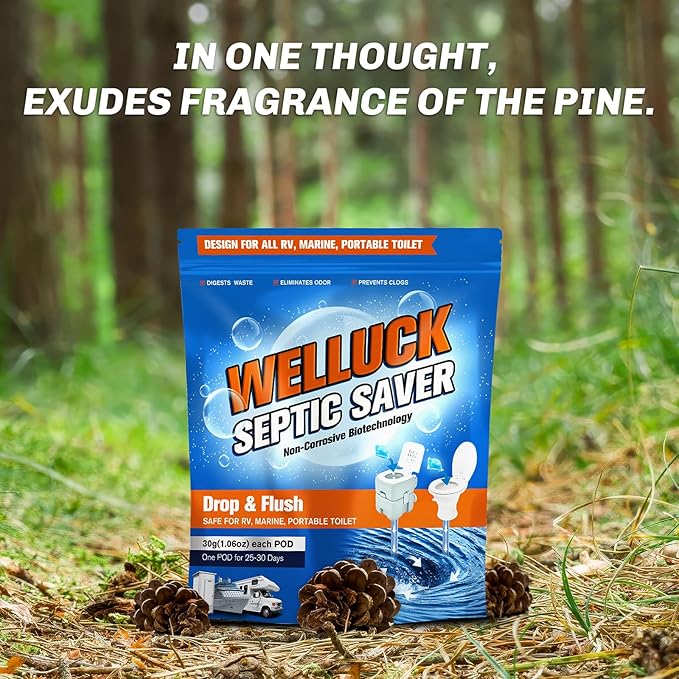 WELLUCK 50 Packs RV Black Tank Treatment Drop Ins, Black Tank Deodorizer for RV, Camping Tank Cleaners Chemicals, MAX Supplement kit for 50 Week, Pine & Cinnamon Scent (Pine&Cinnamon)