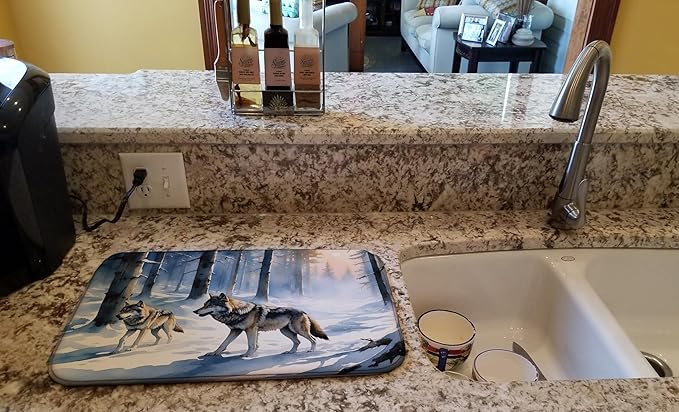 Caroline's Treasures Winter Wolves Dish Drying Mat Absorbent Dish Drying Mat Pad for Kitchen Counter Dish Drainer Mat for Countertop, 14 x 21", Multicolor