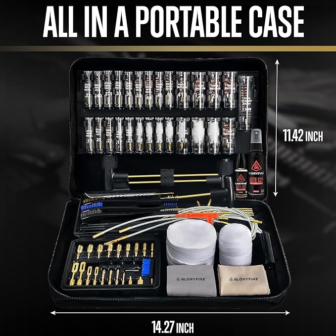 GLORYFIRE Universal Gun Cleaning Kit for Handgun Shotgun & Pistol,Elite Gun Cleaning Set with High-end Brass Brushes, Mops, Jags, Reinforced Rods and Gun Cleaning Snake&Ropes