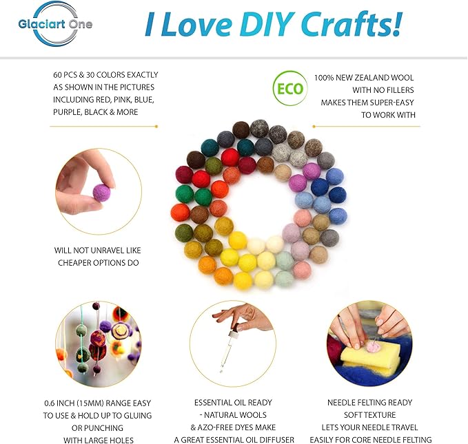 Glaciart One Felt Pom Pom, Wool Balls (60 Pieces) 1.5 cm – 0.6 Inch, Handmade Felted 30 Color (Red, Pink, Blue, Orange, Yellow, Gray, Black, Pastel and More) Bulk Small Puff for Felting and Garland