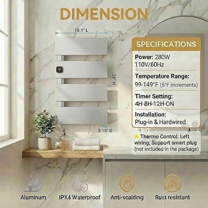 L Series Electric Towel Warmer for Bathroom, 4 Panel, Silver | Thermo Control and Timer, Fast Heat in 3 Mins, Dry Towels in 4 hrs, Memory Function, Work with Smart Plug, Left-Wiring