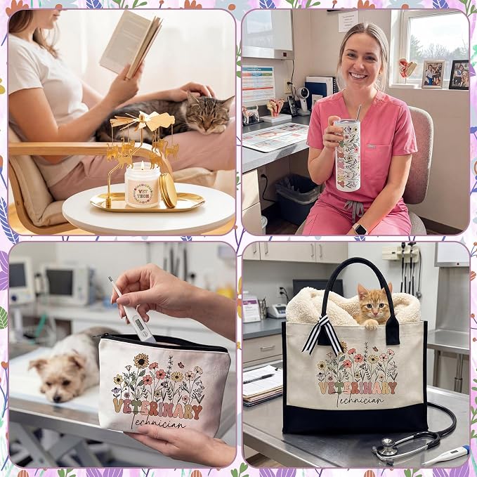 Patelai 7 Pcs Vet Tech Gifts for Women, Veterinary Technician Graduation Appreciation Gift Set with 20oz Tumbler Canvas Tote Bag Socks Candle for Students Pet Appreciation Week Mother's Day Thank You