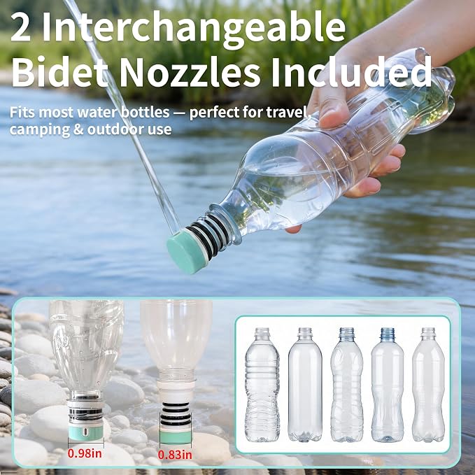 Electric Portable Bidet, Travel Toilet Hygiene Sanitation,3 Modes Foldable Peri Bottle with 2 Nozzles, High-Pressure Handheld Sprayer for Camping, Hiking, Cycling (Mint Green)