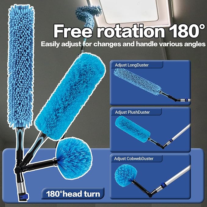 26FT High Reach Duster Cleaning Kit with 5-20 FTExtension Pole, High Ceiling Fan Cleaner Duster Tool for Fan Blades, Extendable Reusable Cobweb, Feather, Window Cleaning Squeegee Kit (20FT)