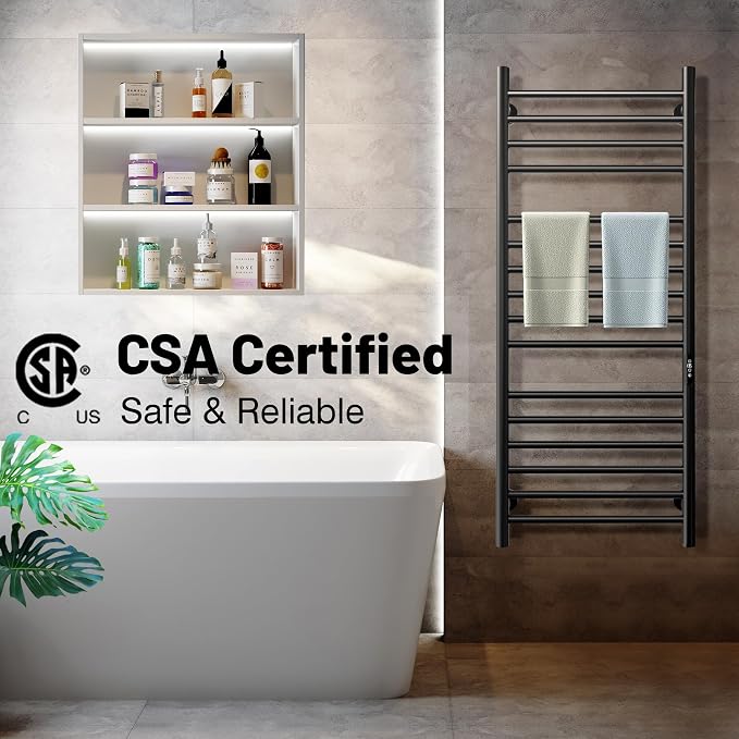 Paraheeter Poloma 45.3"(L) x 19.5"(W) Wall Mounted Towel Warmer, Heated Towel Racks for Bathroom, Towel Dryer Heater, 16-Bars Black, CSA Certified