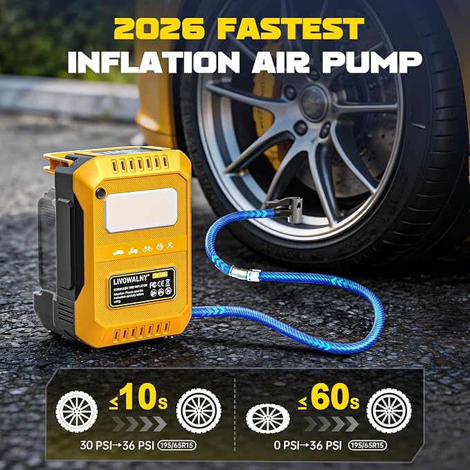 5X Faster Tire Inflator Air Compressor, LIVOWALNY 160PSI Cordless Air Pump Compatible with Dewalt 20V Battery with Digital Pressure Gauge, Deflator & Auto Shut-Off for Car, Motorcycle (Tool Only)
