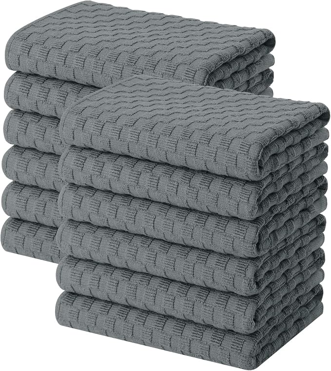 Homaxy 100% Cotton Terry Kitchen Towels(15" x 25", 12 Pack), Soft and Super Absorbent Dish Towels, 380 GSM Reusable Tea Towel with Hanging Loop, Pineapple Grid Designed, Dark Grey