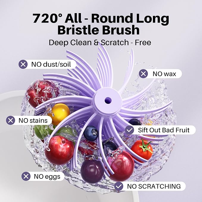 JOYMOOP Fruit Washer Spinner, Fruit Cleaner Spinner with Crank Handle, Hands-Free Fruit & Vegetable Washing Bowl, Manual Fruit Scrubber, No Electricity, Light Lavender