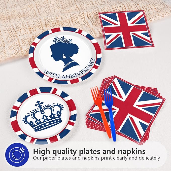 96Pcs Britain Party Decorations Britain UK England Flag Plates and Napkins Sets Union Jack 100th Anniversary Decorations for The Birth of Queen 100th Anniversary Party Supplies Serves 24