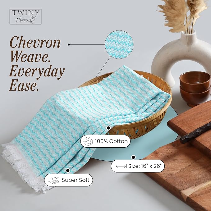 TWINY threads Dish Towel Chevron Weave, 4 Pack, Premium 100% Cotton Kitchen Linen Set, Large Dish Rags and Wash Rags, Absorbent Quick Drying, Machine Washable Dishcloth Set, 16"x26", Aqua Blue