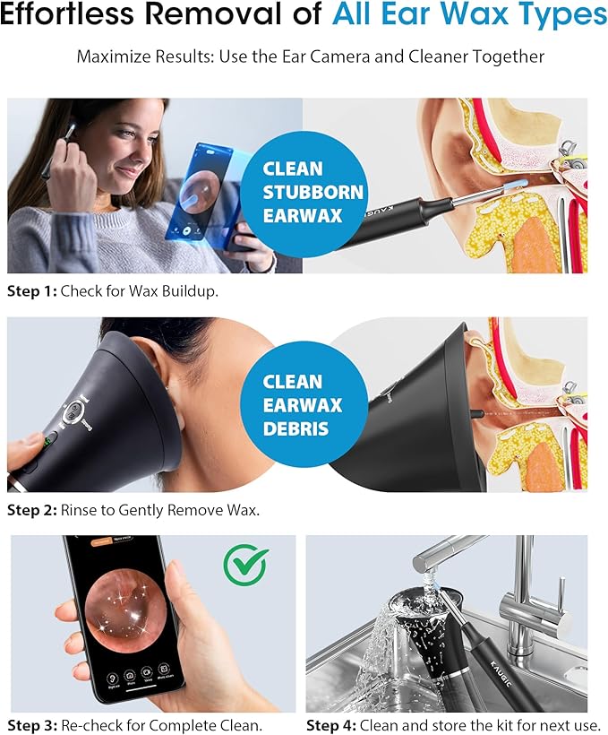 KAUGIC Ear Wax Removal Kit with Camera – Ear Cleaner Tool for Safe & Effective Ear Care – Includes Ear Camera for Visual Inspection & Gentle Ear Irrigation System – Complete Ear Cleaning Solution