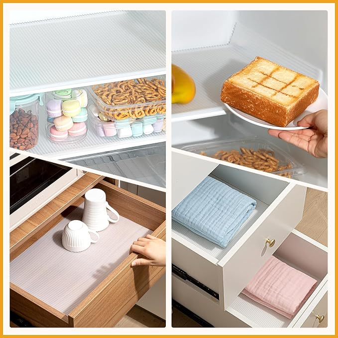 Frienda 6 Pcs Silicone Refrigerator Liner for Glass Shelves Washable, 17.7x11.6 Inch Striped Fridge Liners for Shelves, Clear Drawer Liners No Adhesive Refrigerator Shelf Liner