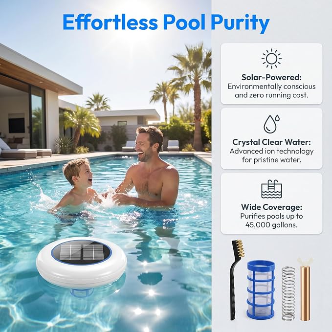 Solar Pool Ionizer, Upgraded Larger Solar Panel Copper Pool Ionizer Floater Auto Switching of Multi-Colored LED Night Light, Ionizador Solar for Above Ground, Inground Pool, Up to 45,000 Gal