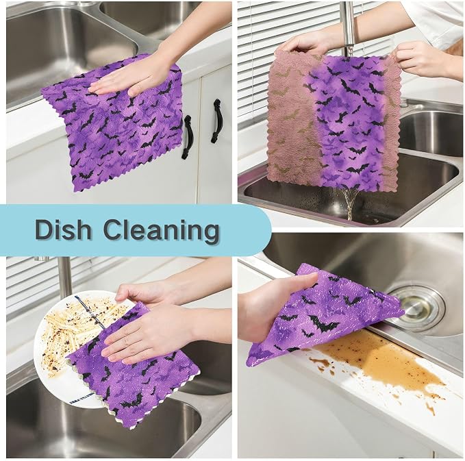 Puprle Bats Kitchen Towels Dish Cloths Set of 6 Microfiber Cleaning Cloths for Cars Super Absorbent Machine