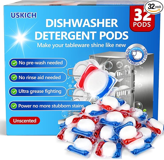 32 Count Dishwasher Pods, No Pre-Rinse Dishwasher Detergent Soap On Stain and Grease, Leaving a Virtually Spotless Shine,Dishwasher Detergent for Deep Cleaning