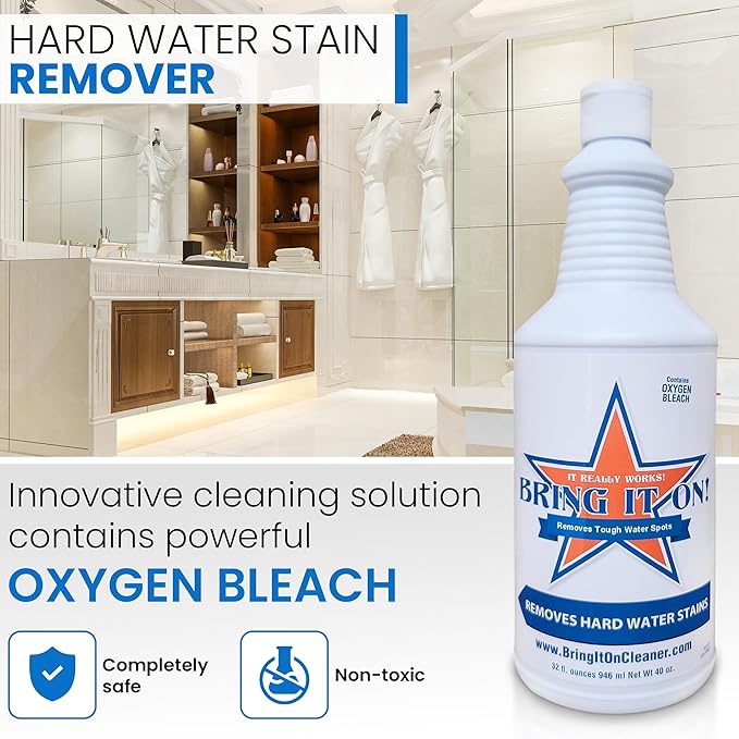 Bring It On Cleaner- 128 Oz Shower Door Hard Water Spot Stain Remover with OXYGEN BLEACH. Safely Clean Shower Door Glass, Tiles, Taps, Grout and Fiberglass