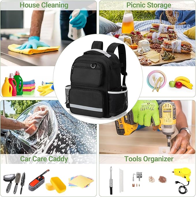 HODRANT Cleaning Backpack with Bottom Plate & Waterproof Bottom, Large Supplies Bag with Multiple Pockets for Housekeeping Tools, Cleaning Products Caddy Organizer for Home & Car