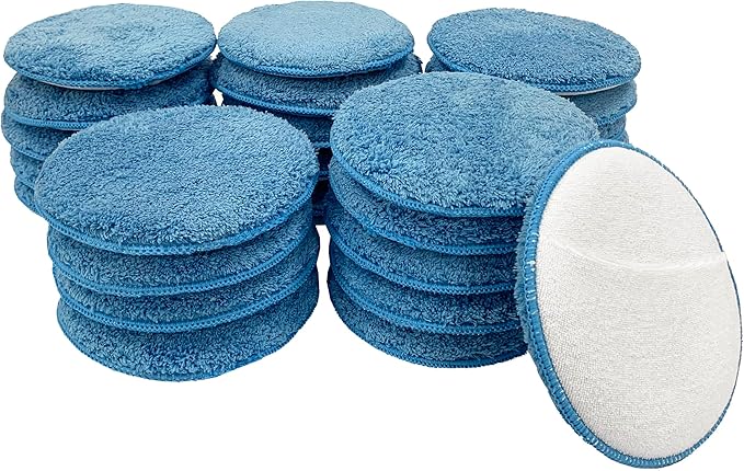 Detailer's Preference Microfiber Wax Applicator Pads with Sewn-in Pocket, Terry Weave, Reusable, Non-Abrasive, for Wax, Sealant, Polish, 6 Inch, Light Blue and White, 25-Pack
