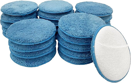 Detailer's Preference Microfiber Wax Applicator Pads with Sewn-in Pocket, Terry Weave, Reusable, Non-Abrasive, for Wax, Sealant, Polish, 6 Inch, Light Blue and White, 25-Pack