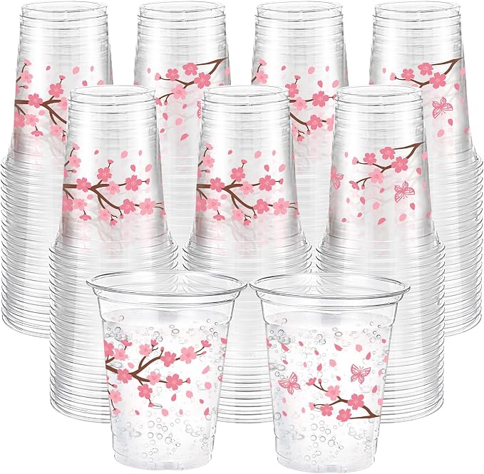 100 Pack Cherry Blossom Plastic Cups 12 oz Pink Cherry Blossom Disposable Clear Plastic Drinking Cups Bulk for Spring Baby Shower Birthday Wedding Holiday Party Decorations Supplies