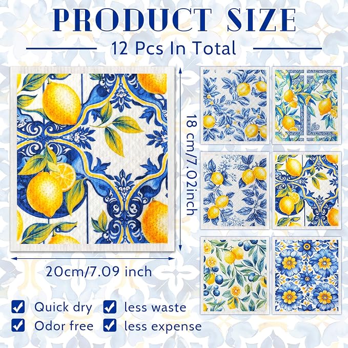 Mifoci 12 Pcs Capri Lemon Swedish Kitchen Dishcloths 7 x 8 Inch Reusable Capri Lemon Dish Towels Absorbent Cotton Cleaning Cloths for Kitchen Cleaning Wipes Housewarming