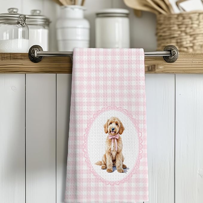 Coquette Pink Bow Goldendoodle Dog Kitchen Hand Towels for Bathroom, Golden Doodle Gifts Women, Coquette Pink Goldendoodle Dog Girly Bathroom Kitchen Decor, 16x24 Inches