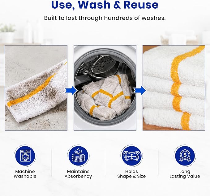 Bar Mops Pack of 36 (14" x 19") - 100% Cotton Cleaning Rags for Housekeeping - Thick, Absorbent, Reusable Bar Towels for Cleaning House & Restaurant - Kitchen Towels Bulk (Yellow Stripe)