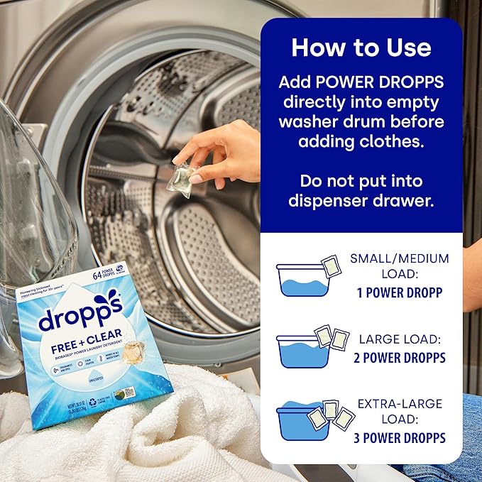 Dropps Free & Clear Laundry Detergent Pods (64 Count) - Unscented Laundry Pods | Fights Odors & Stains | Free of Dyes Parabens & Perfumes | Hypoallergenic | Clean Ingredients | Plastic Free Packaging