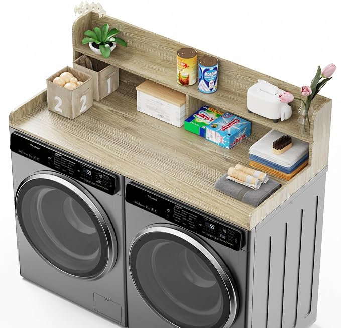 Washer Dryer Countertop with Non-Slip Pads, 2.75" H Guard, 54" W x 27.5" D Wood Laundry Countertop Cover, Large Space Washer Dryer Topper for Laundry Room Organization(Light Wood)