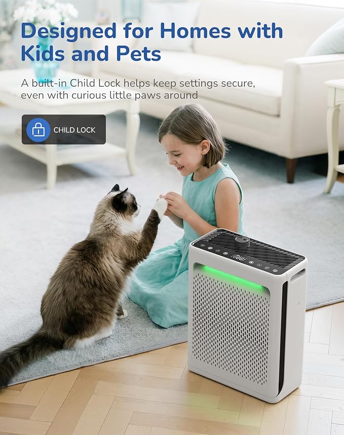 Air Purifier for Home Large Room, CADR 270 Powerful Bedroom Air Cleaner|Washable Pre-Filter, High Efficiency Filter (White)