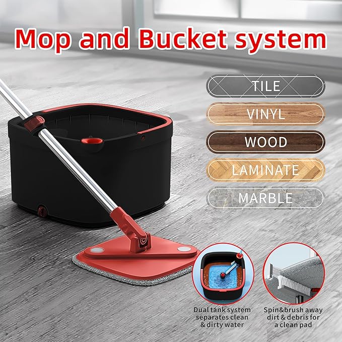 Spin Mop and Bucket with M16 Self Separation Dirty and Clean Water System with 2pads, Self Wringing 360° Rotating Clean Mop-Head and Bucket Set for Hardwood Tile Marble Floor-(Black+Red)