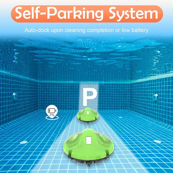 GMAPLAE Cordless Pool Vacuum for Above Ground Pool, Robotic Pool Cleaner with Dual Motors Strong Suction, 130 Mins Runtime, Auto-Parking, Pool Cleaner Robot for Inground Flat Pools Up to 1100 Sq.Ft