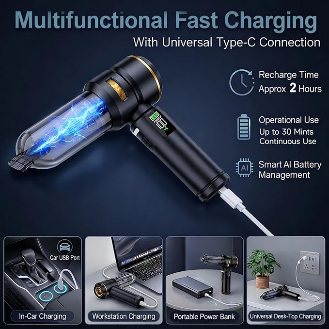 Handheld Car Vacuum Cleaner, 17000Pa High Power Cordless Vacuum Cleaner, 4-in-1 Portable Mini Air Duster, with LED Light and Multi-Nozzles, Vacuum for Car, Home, Office, Pet Hair