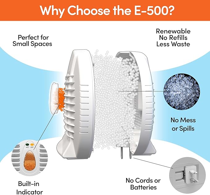 Eva-Dry E-500 Renewable Silica Gel Dehumidifier 5-Pack — Cordless Operation, Plug-In to Renew | 500 Cu Ft Each | Gun Safe, Closet, Bathroom, Boat, RV | No Batteries | Up to 10 Years