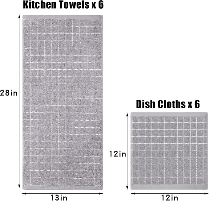 Homaxy Kitchen Towels and Dishcloths Set, 12 x 12 and 13 x 28 Inches, Set of 12 Bulk Cotton Terry Kitchen Towels Set, Checkered Designed, Soft and Super Absorbent Dish Towels, Light Grey