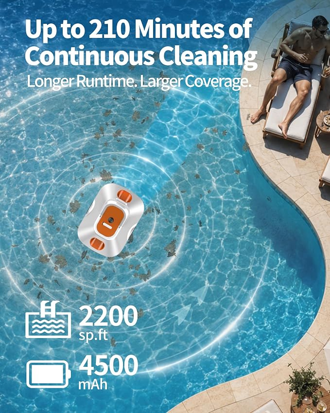 Robotic Pool Cleaner, Automatic Pool Cleaner with 210 Mins Runtime,Cordless Pool Vacuum for Above Ground & Inground Pools Coverage up to 2200 Sq.Ft,Auto-Parking,Easy Retrieve,Light Orange