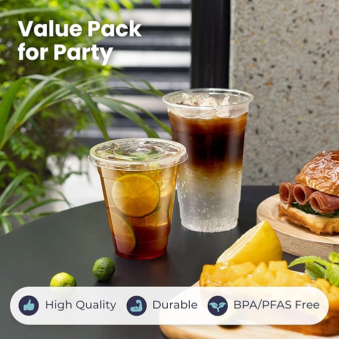 Fit Meal Prep 100 Pack 24 oz Plastic Iced Coffee Cups with Flat Lids and Clear Straws, Disposable Clear Cup, BPA Free Cup for Party, Smoothie, Cold Drinks, Juice, Milkshake, Bubble Boba, Tea