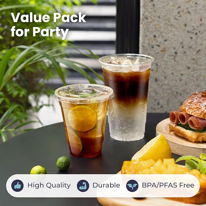 Fit Meal Prep 100 Pack 9 oz Clear Plastic Cups with Flat Lids, Disposable Iced Coffee Cups, BPA Free Premium Crystal Smoothie Cup for Party, Lemonade Stand, Cold Drinks, Juice, Milkshake