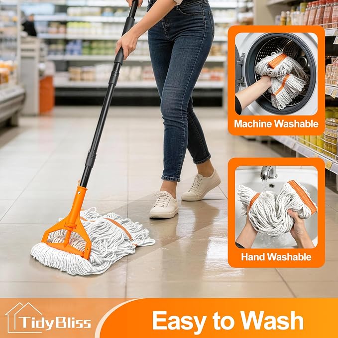 TidyBliss Commercial Mop Heavy Duty, 55 inches Long Handle Large Looped-End Industrial String Floor Cleaner, Professional Dry Wet Cotton Cleaning Tool for Concrete Tile Hardwood Office Garage (Orange)