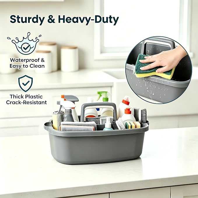 Cleaning Supplies Caddy 3 Pack: Heavy Duty Large Shower Basket with Handle | Portable Plastic Tool Storage Tote Organizer for Bathroom Kitchen Dorm Garden Home, Gray